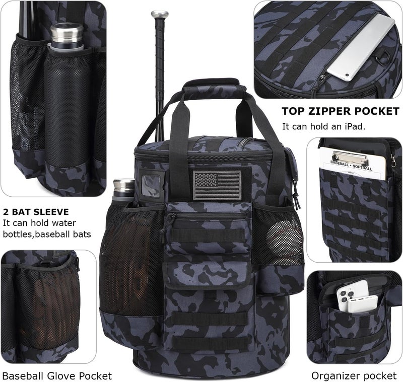 SunForMorning Baseball Bucket Bag Baseball Coaching Accessories Organizer Tactical Style Softball Bucket Bag with Anti-Slip Bottom, Multiple Pockets for Bat, Gloves, Scoreboards - Image 3